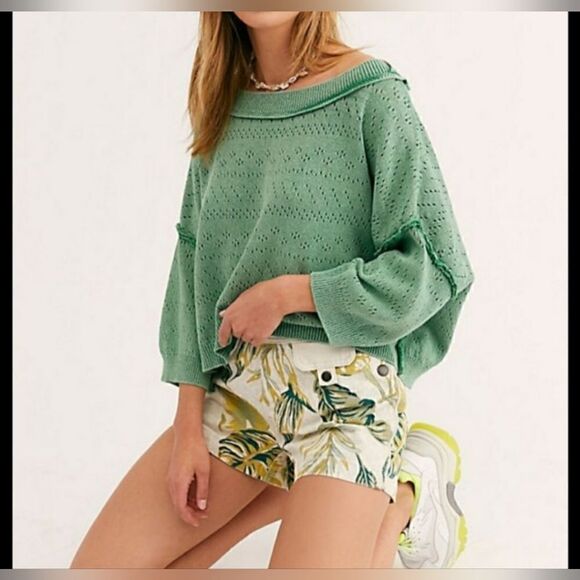 Free People Knit Pointelle Sand Castle Cropped Sweater - Picture 3 of 8